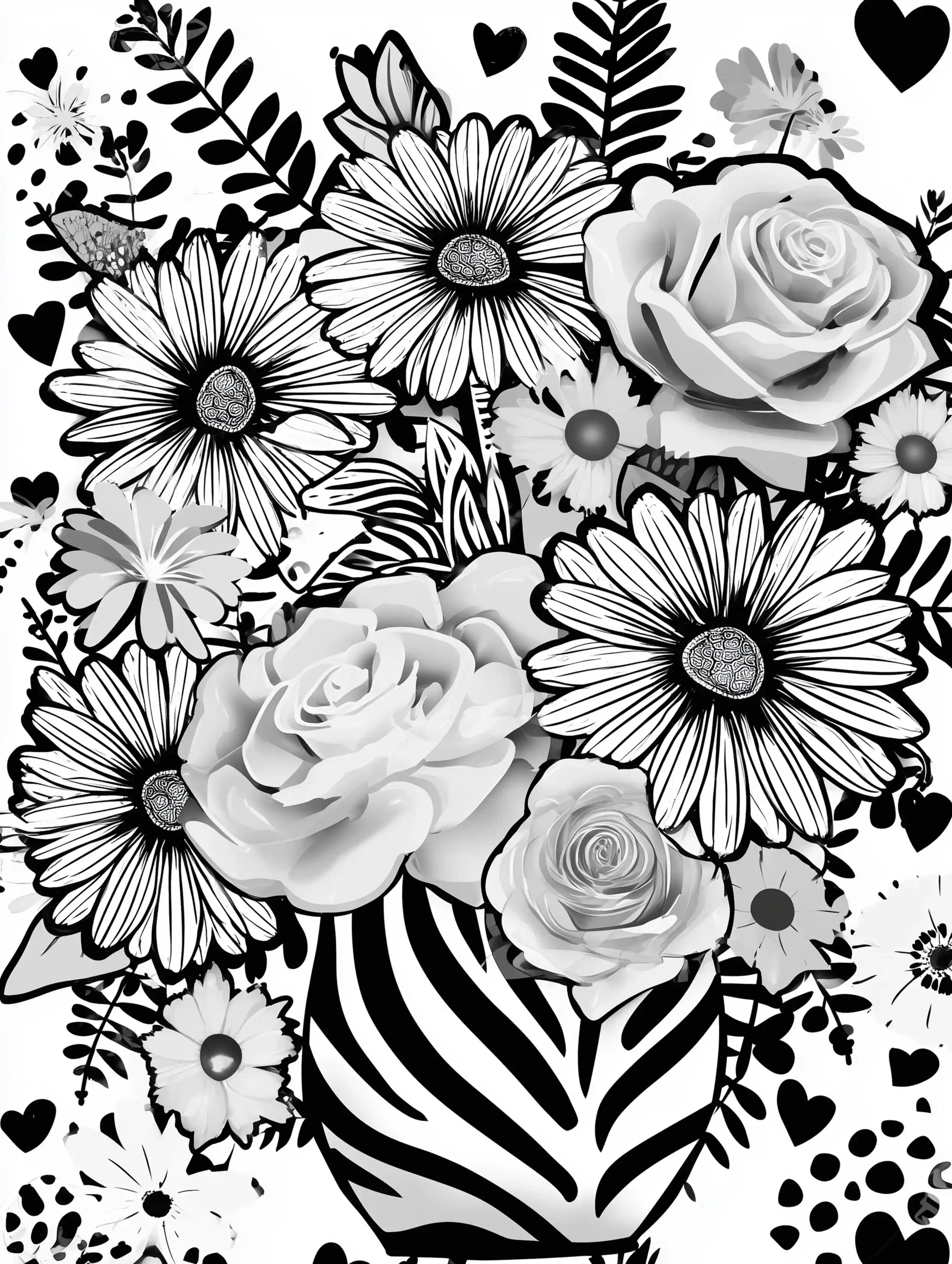 Free printable coloring pages floral featuring a zebra vase holding a floral bouquet